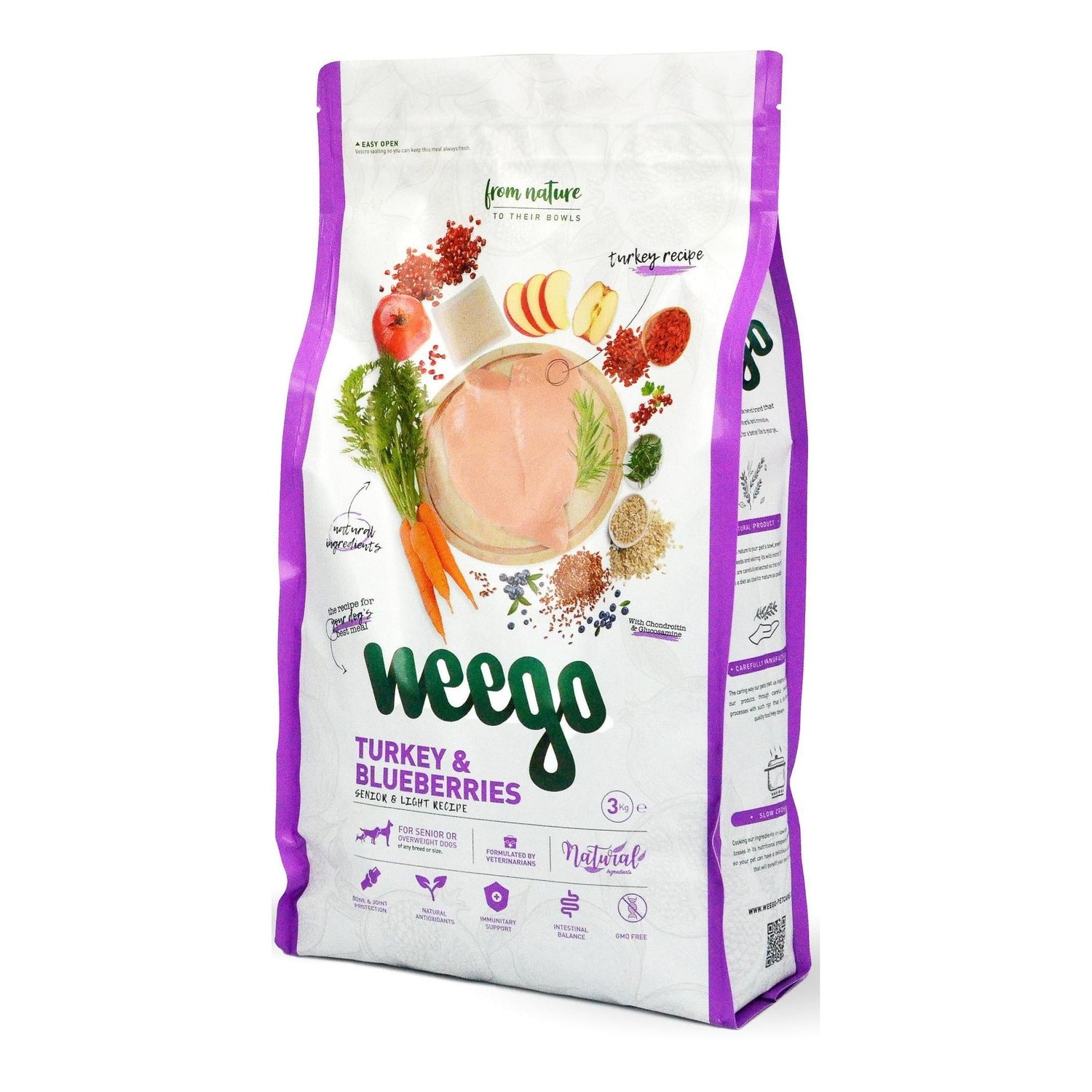 Ração para Cão Sénior Peru e Mirtilos Weego