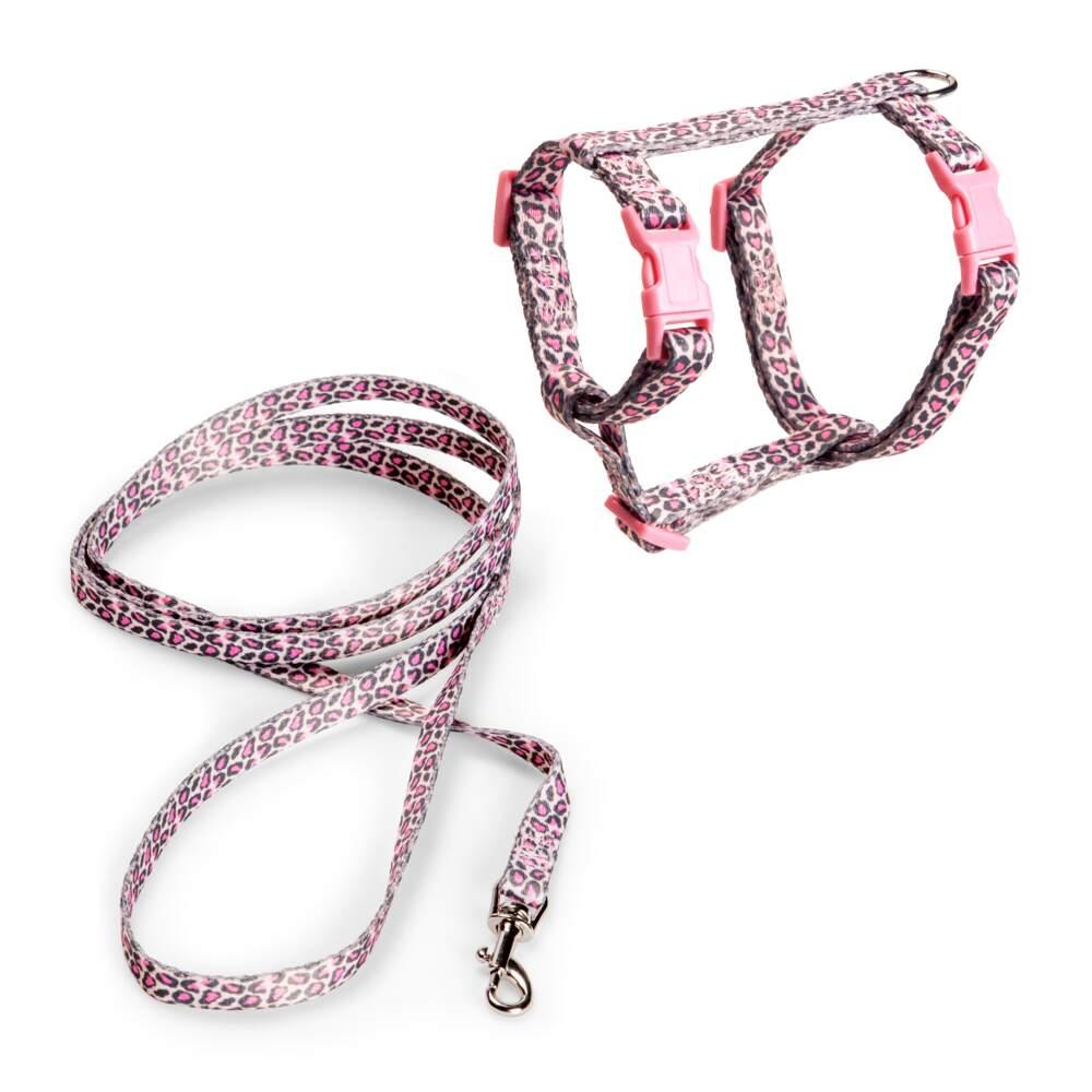 Arnês e Trela para Gato padrão leopardo Rosa Basic