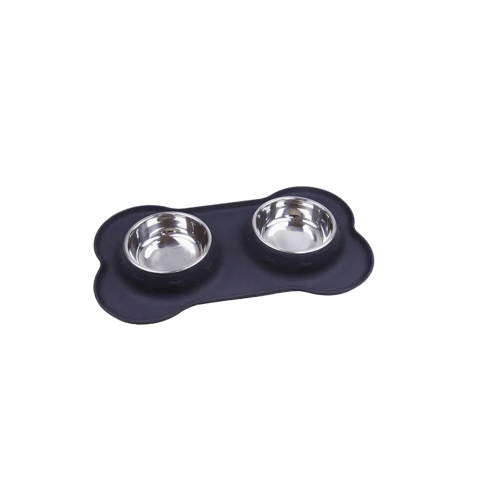 Comedouro Duplo em Silicone Osso Preto Little & Bigger